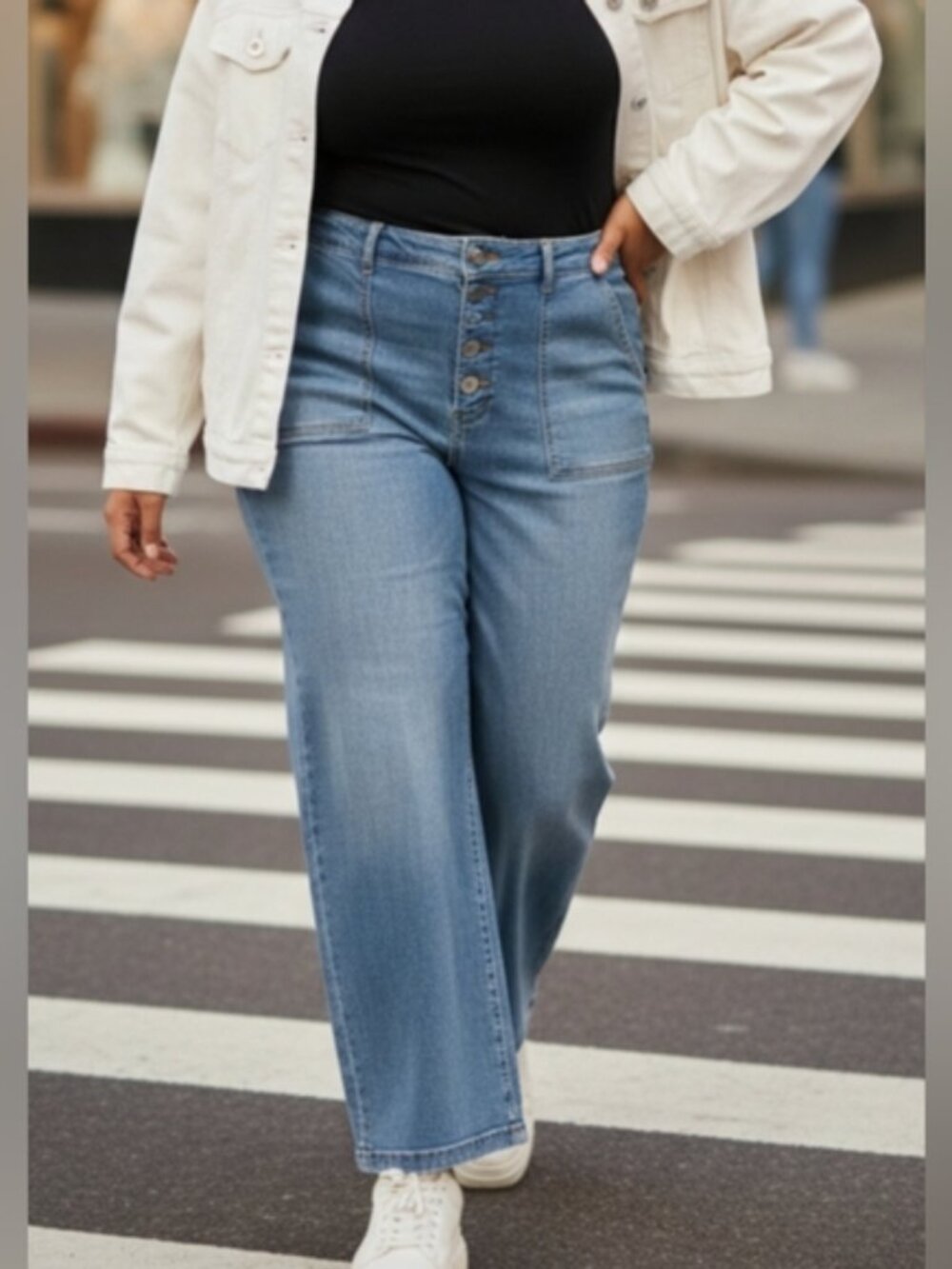 Chico's Wide Leg Ankle Faux Button fly High Waist Pull On Blue Stretch Jean 12P